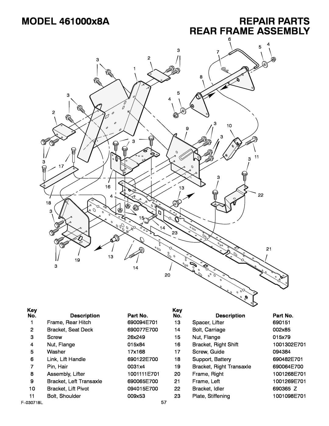 Murray manual Repair Parts Rear Frame Assembly, MODEL 461000x8A, Description 