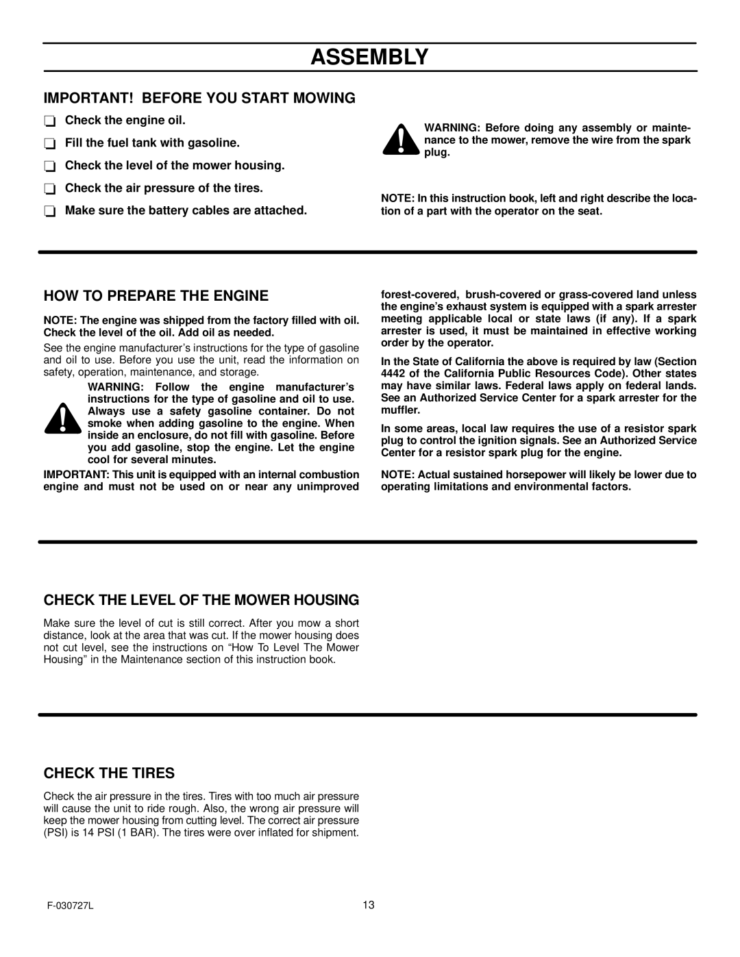 Murray 465600x8A manual IMPORTANT! Before YOU Start Mowing, HOW to Prepare the Engine, Check the Level of the Mower Housing 