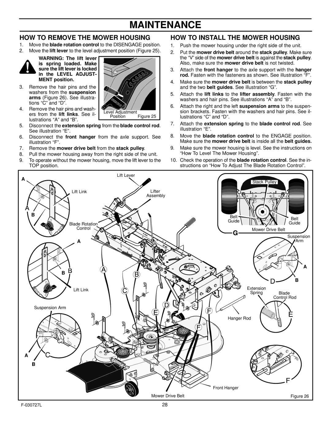 Murray 465600x8A manual HOW to Remove the Mower Housing, HOW to Install the Mower Housing 