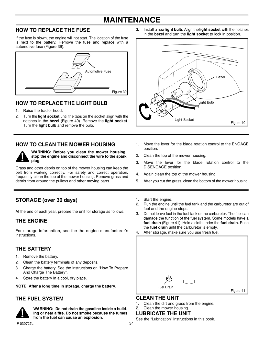 Murray 465600x8A HOW to Replace the Fuse, HOW to Replace the Light Bulb, HOW to Clean the Mower Housing, Engine, Battery 