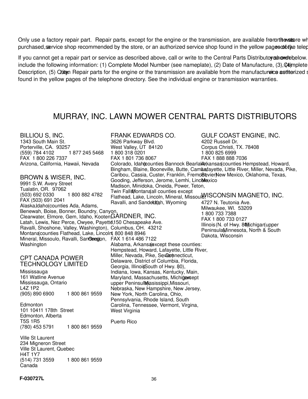 Murray 465600x8A manual MURRAY, INC. Lawn Mower Central Parts Distributors, 030727L 