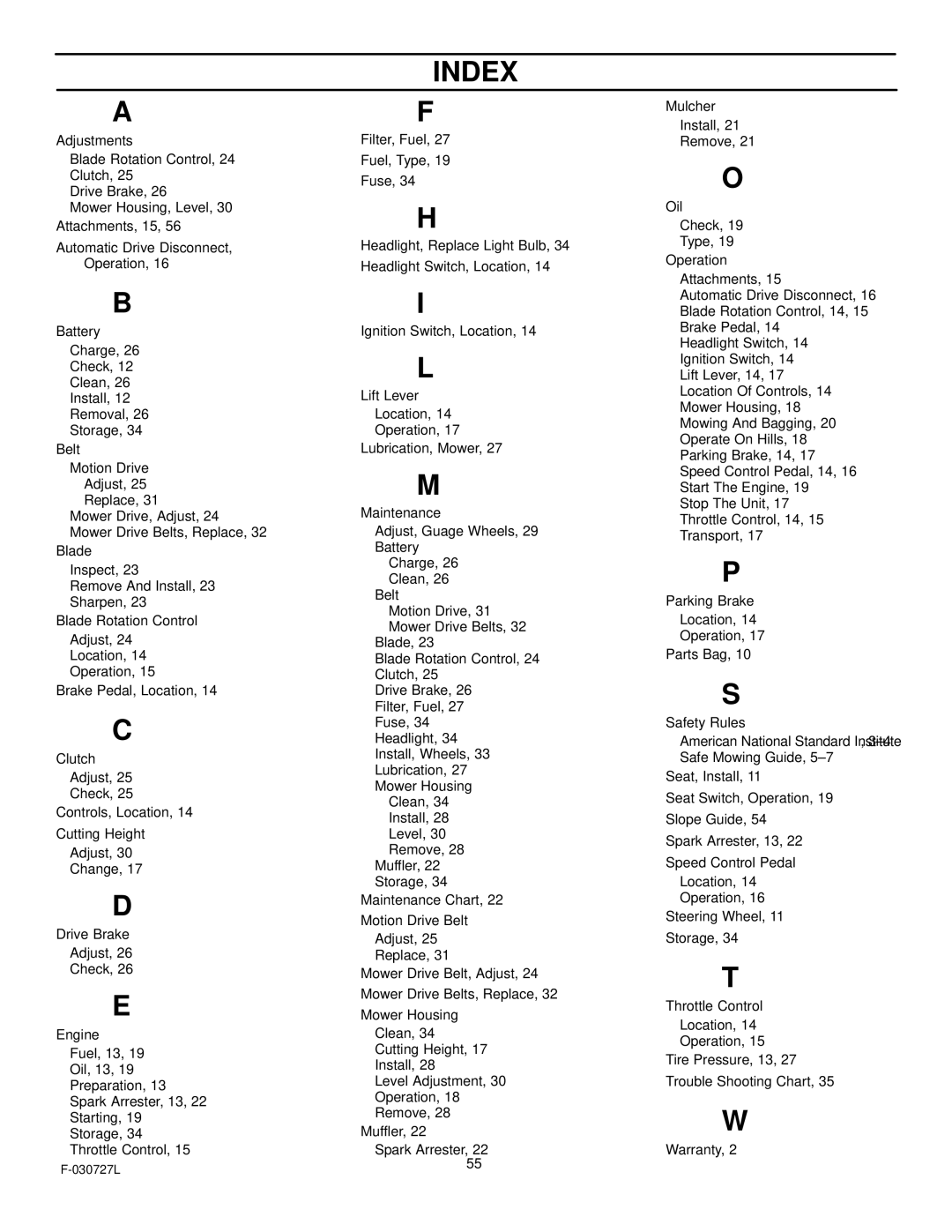 Murray 465600x8A manual Index 