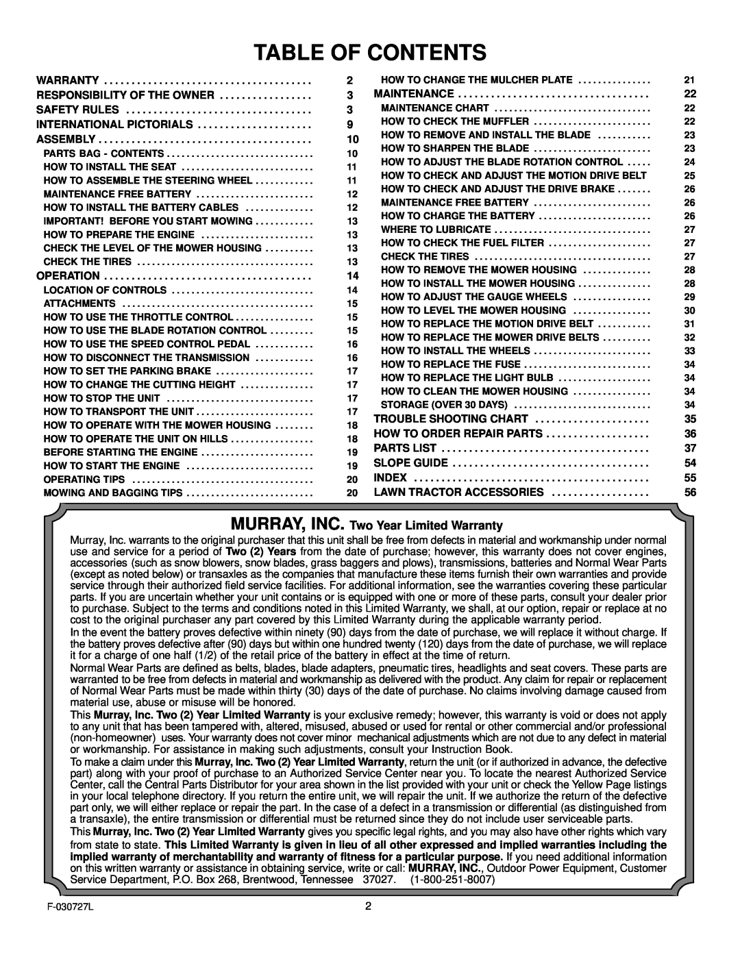 Murray 465600x8A manual Table Of Contents, MURRAY, INC. Two Year Limited Warranty 