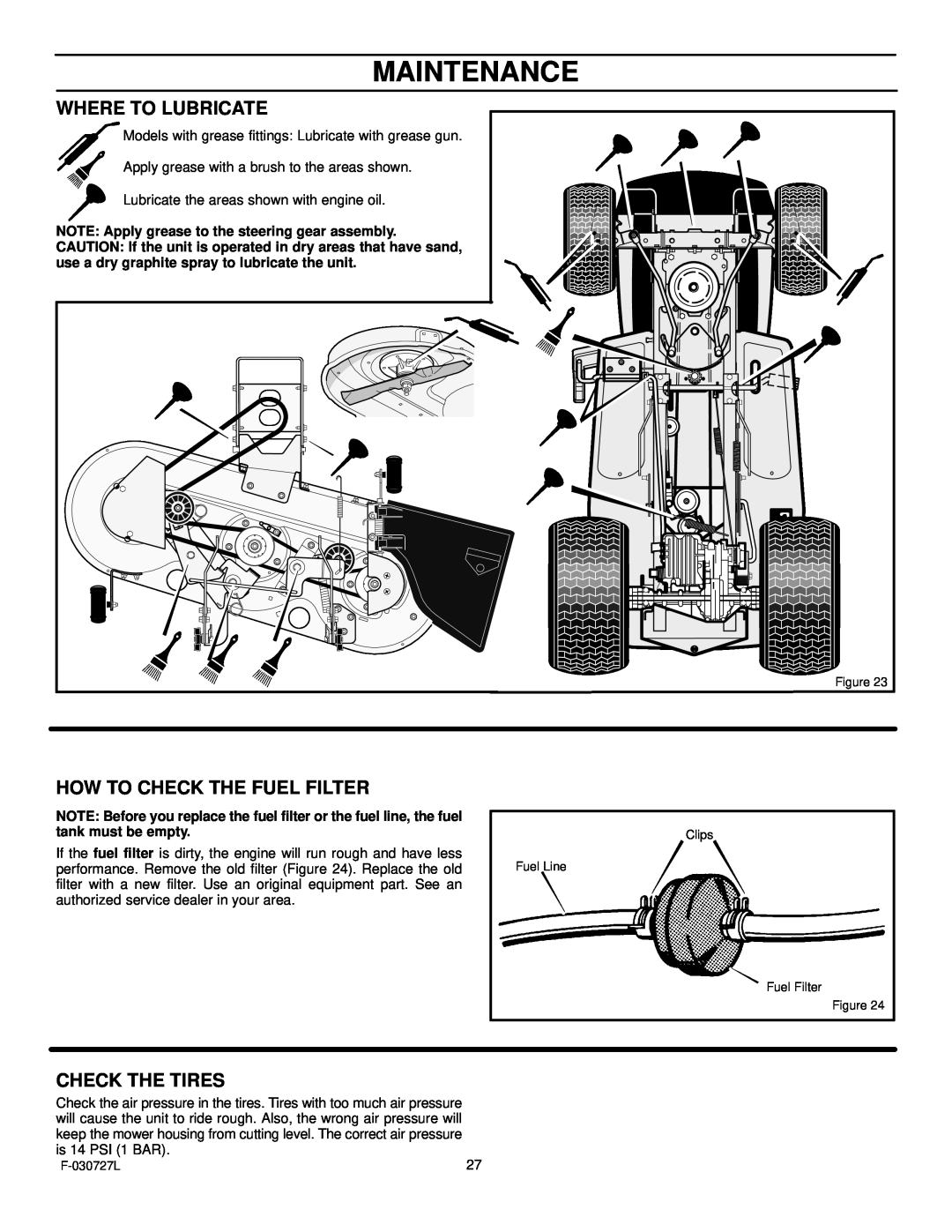 Murray 465600x8A manual Maintenance, Where To Lubricate, How To Check The Fuel Filter, Check The Tires 