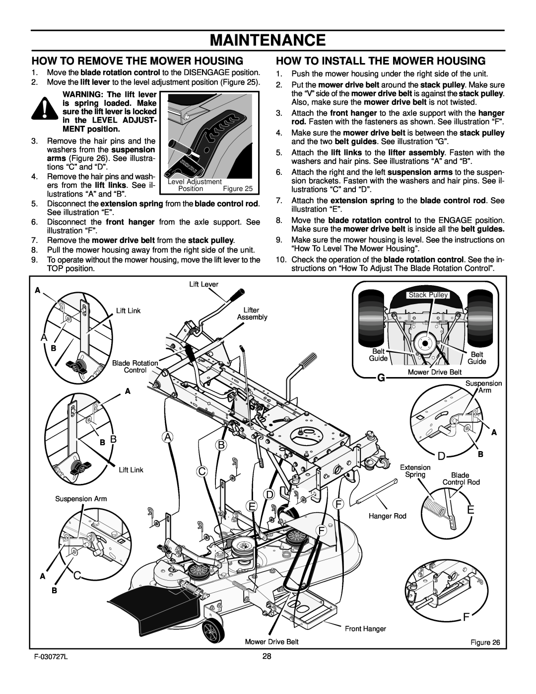 Murray 465600x8A manual Maintenance, How To Remove The Mower Housing, How To Install The Mower Housing, Suspension 