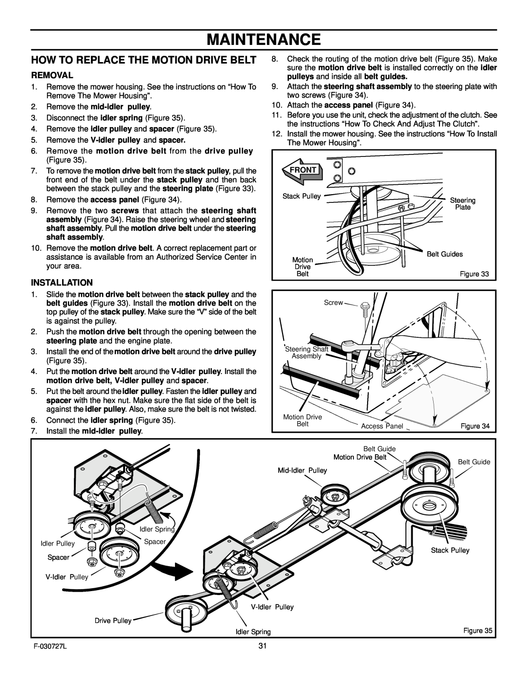 Murray 465600x8A manual Maintenance, How To Replace The Motion Drive Belt, Removal, Installation 