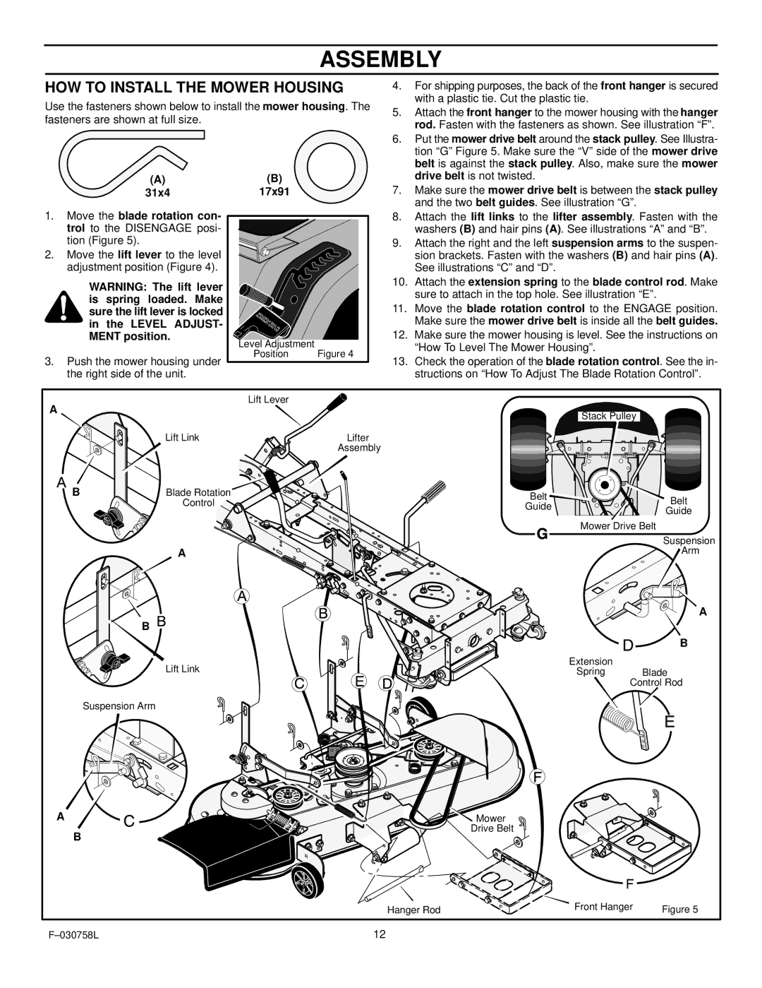 Murray 465609x24A manual HOW to Install the Mower Housing, Attach the extension spring to the blade control rod. Make 