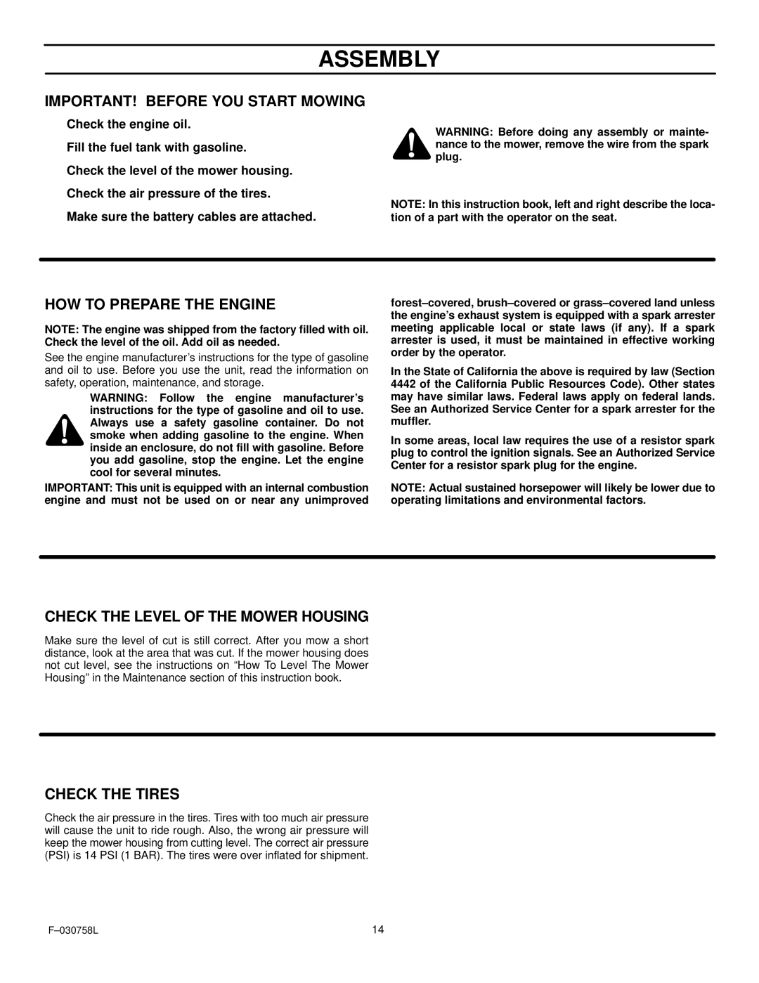 Murray 465609x24A IMPORTANT! Before YOU Start Mowing, HOW to Prepare the Engine, Check the Level of the Mower Housing 