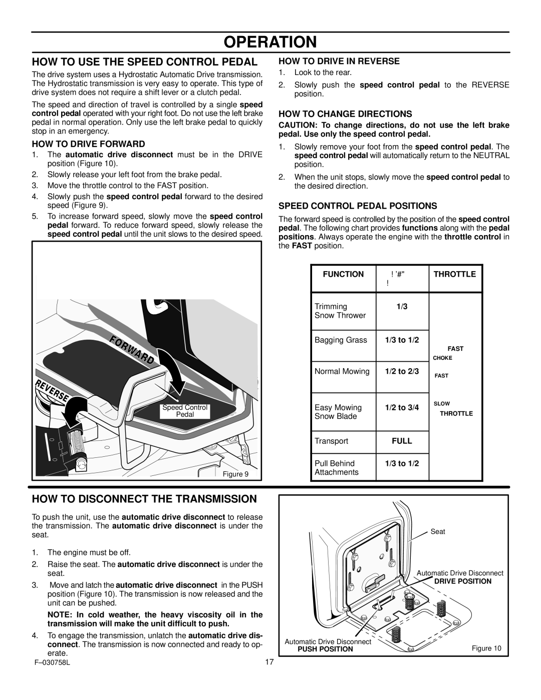 Murray 465609x24A manual HOW to USE the Speed Control Pedal, HOW to Disconnect the Transmission, To 1/2, To 2/3, To 3/4 