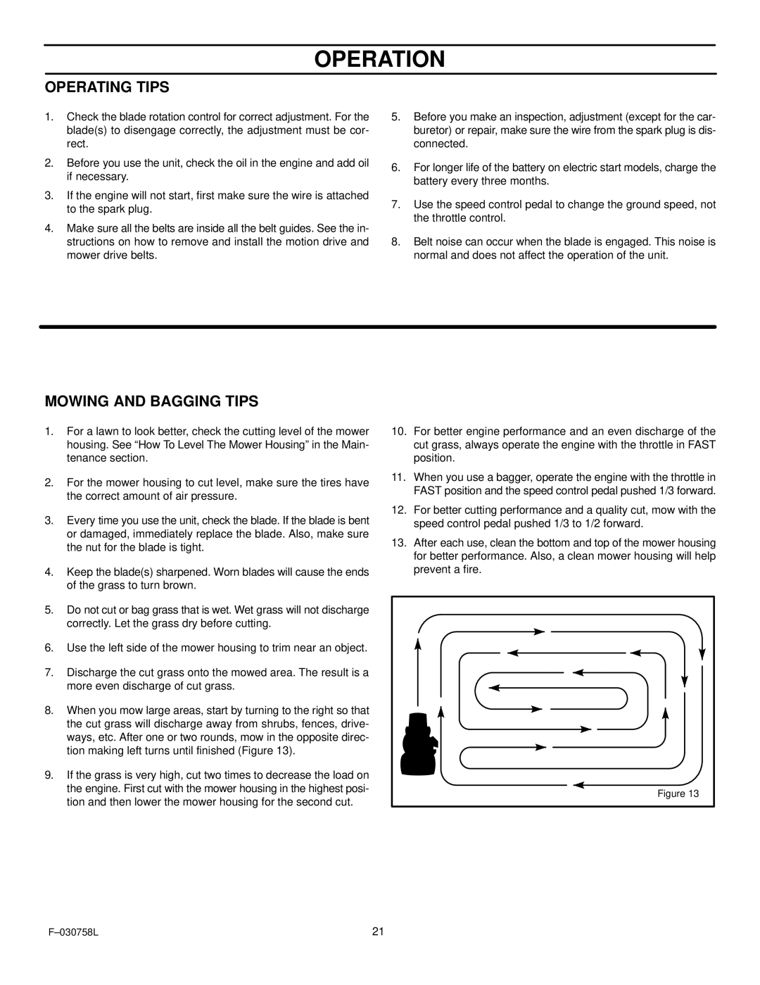 Murray 465609x24A manual Operating Tips, Mowing and Bagging Tips 