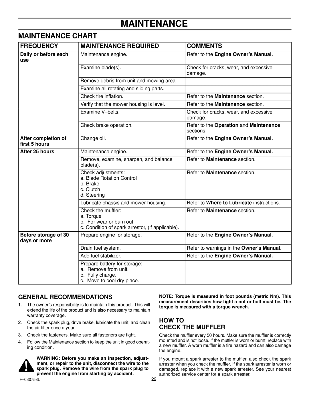 Murray 465609x24A manual Frequency Maintenance Required Comments, General Recommendations, HOW to Check the Muffler 