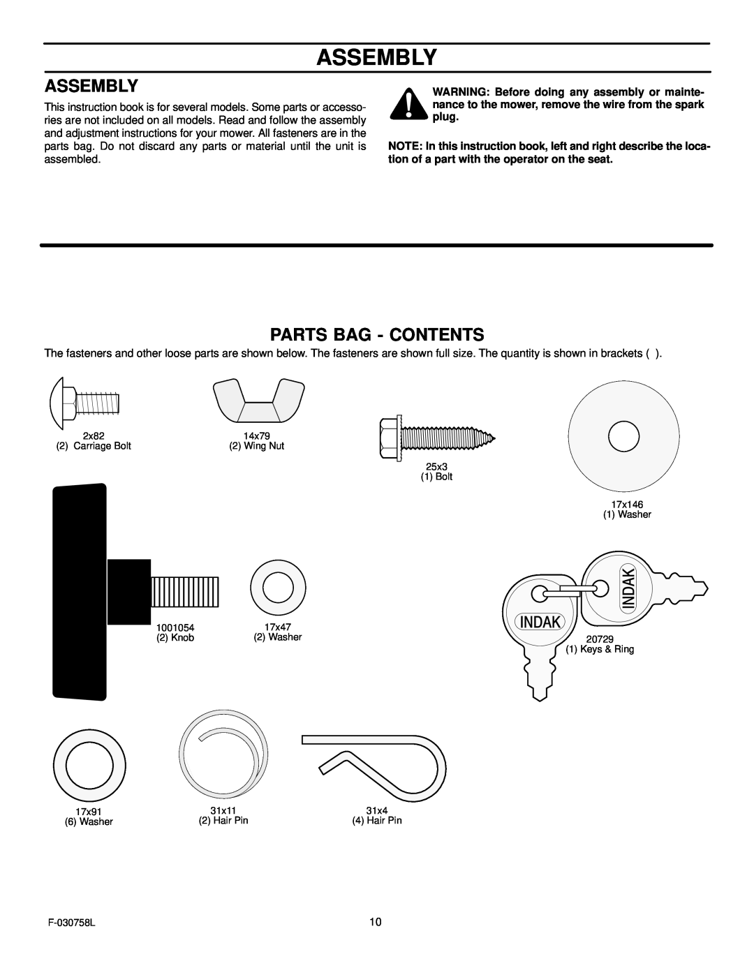 Murray 465609x24A manual Assembly, Parts Bag - Contents 