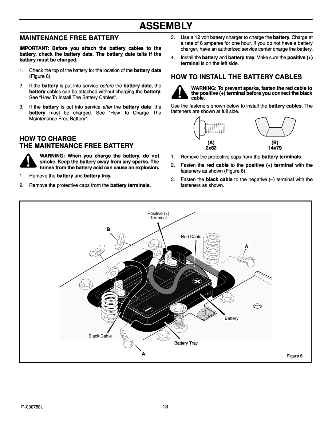 Murray 465609x24A manual Assembly, How To Charge The Maintenance Free Battery, How To Install The Battery Cables 