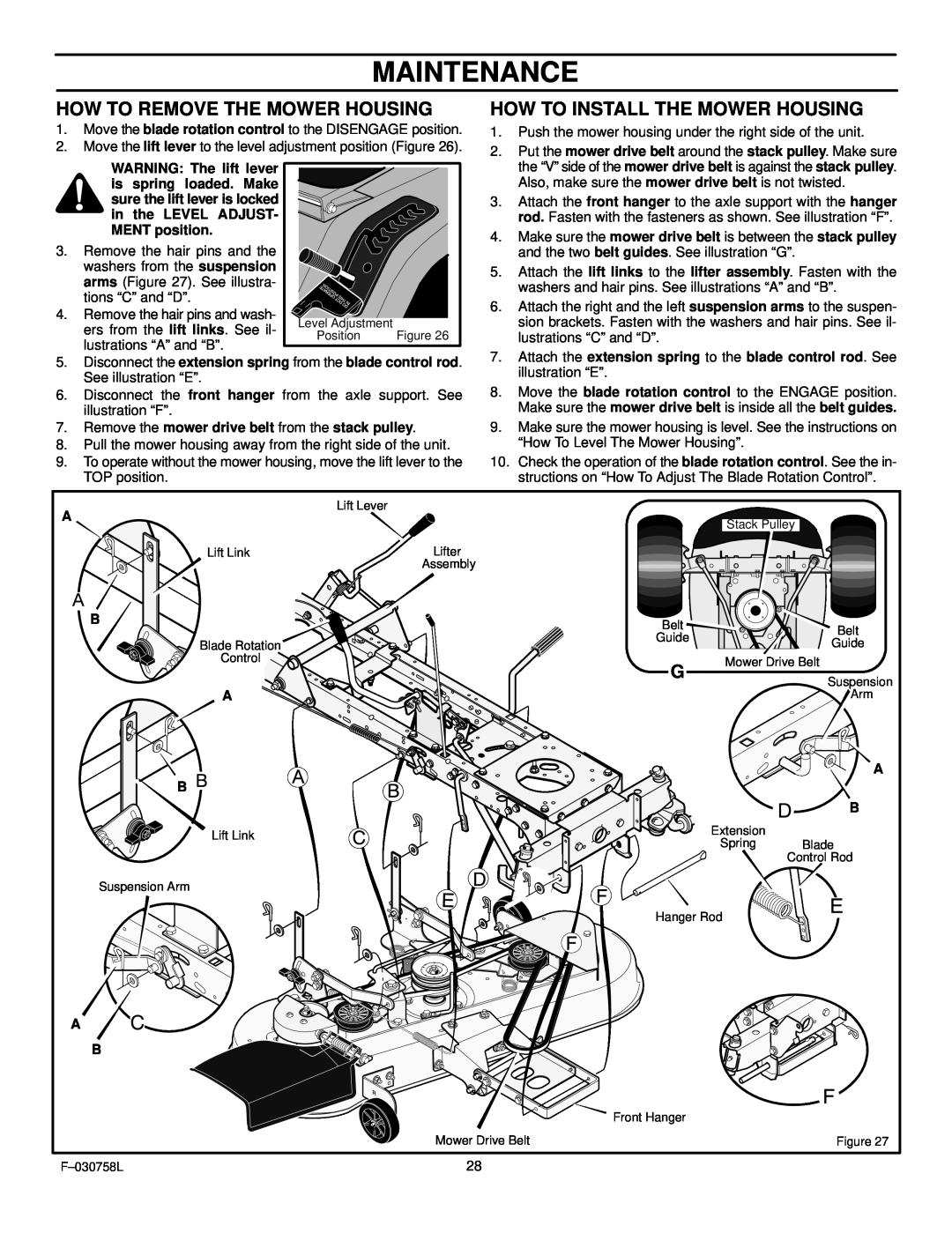 Murray 465609x24A manual Maintenance, How To Remove The Mower Housing, How To Install The Mower Housing 