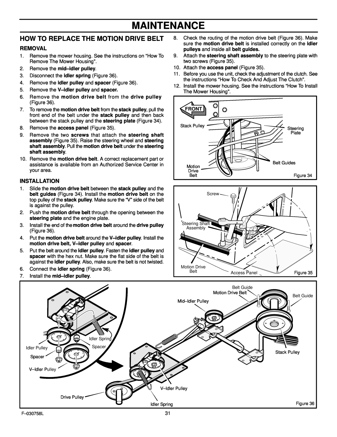 Murray 465609x24A manual Maintenance, How To Replace The Motion Drive Belt, Removal, Installation 