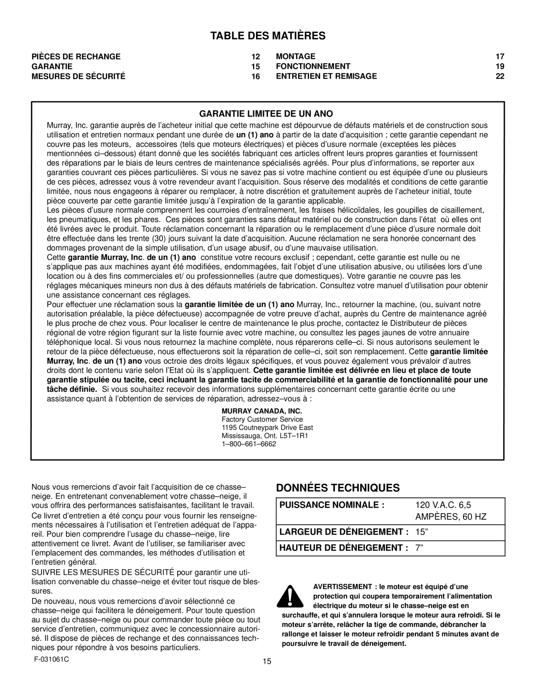 Murray 615000x30NA owner manual Table DES Matières, Données Techniques 