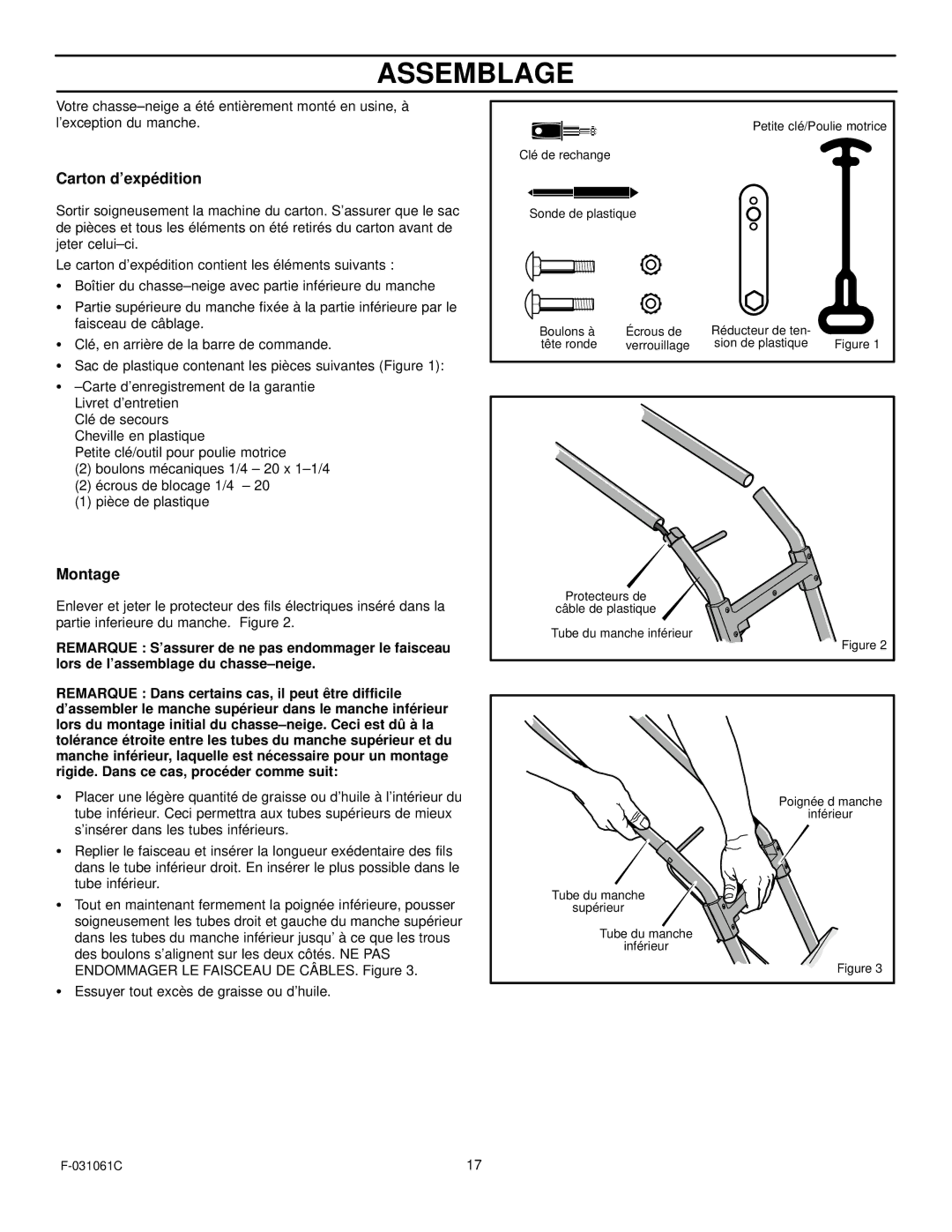 Murray 615000x30NA owner manual Assemblage, Carton d’expédition, Montage 