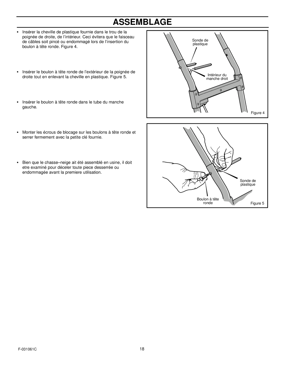 Murray 615000x30NA owner manual Sonde de plastique Intérieur du manche droit 