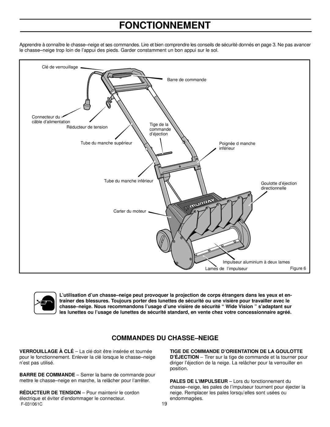 Murray 615000x30NA owner manual Fonctionnement, Commandes DU CHASSE-NEIGE 