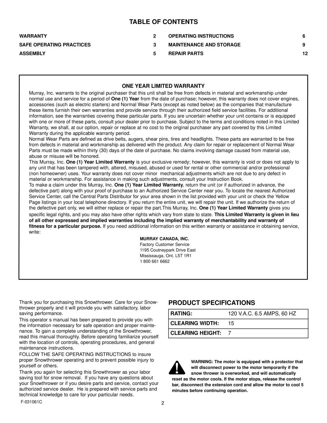 Murray 615000x30NA owner manual Table of Contents, Product Specifications 