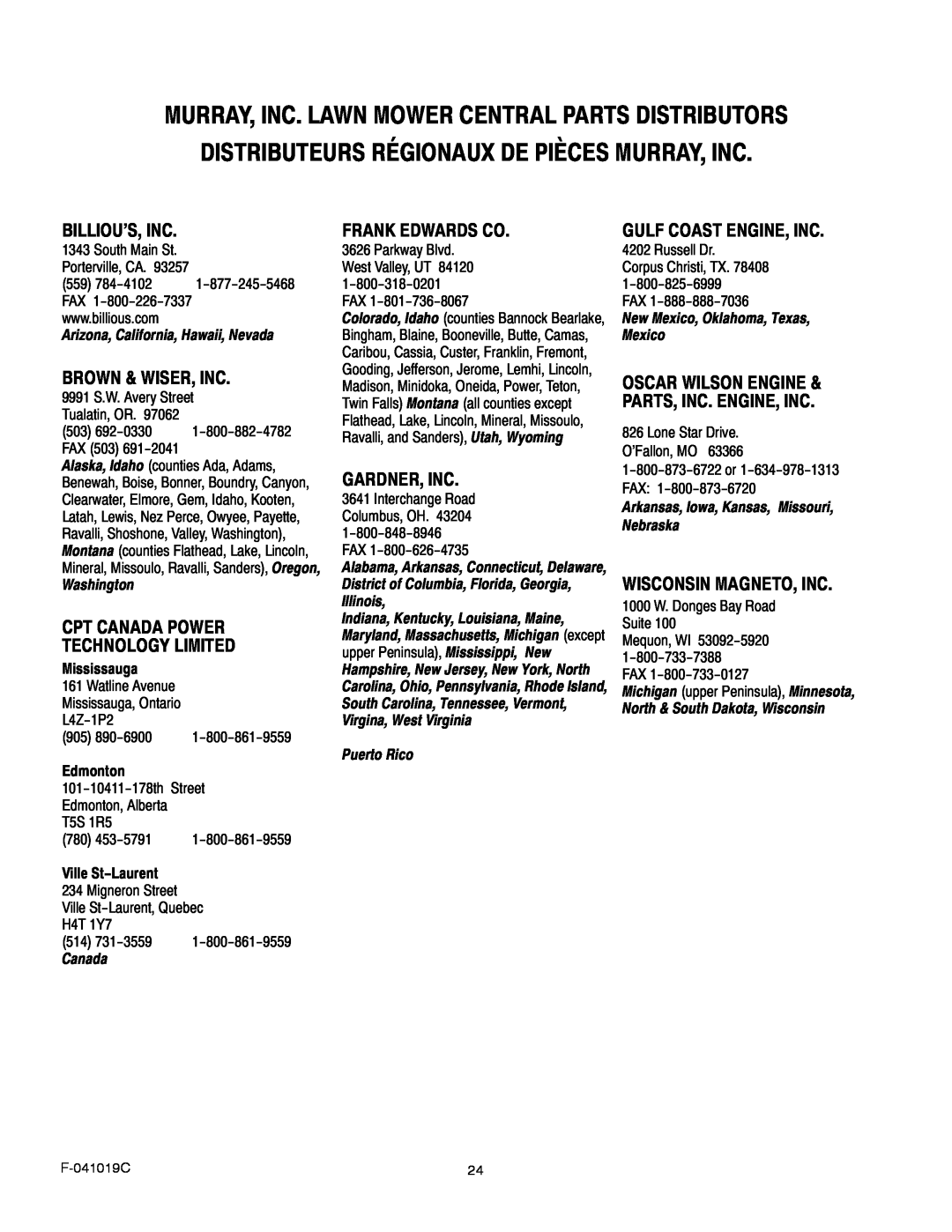 Murray 615000x30NC Distributeurs Régionaux De Pièces Murray, Inc, Billiou’S, Inc, Brown & Wiser, Inc, Frank Edwards Co 