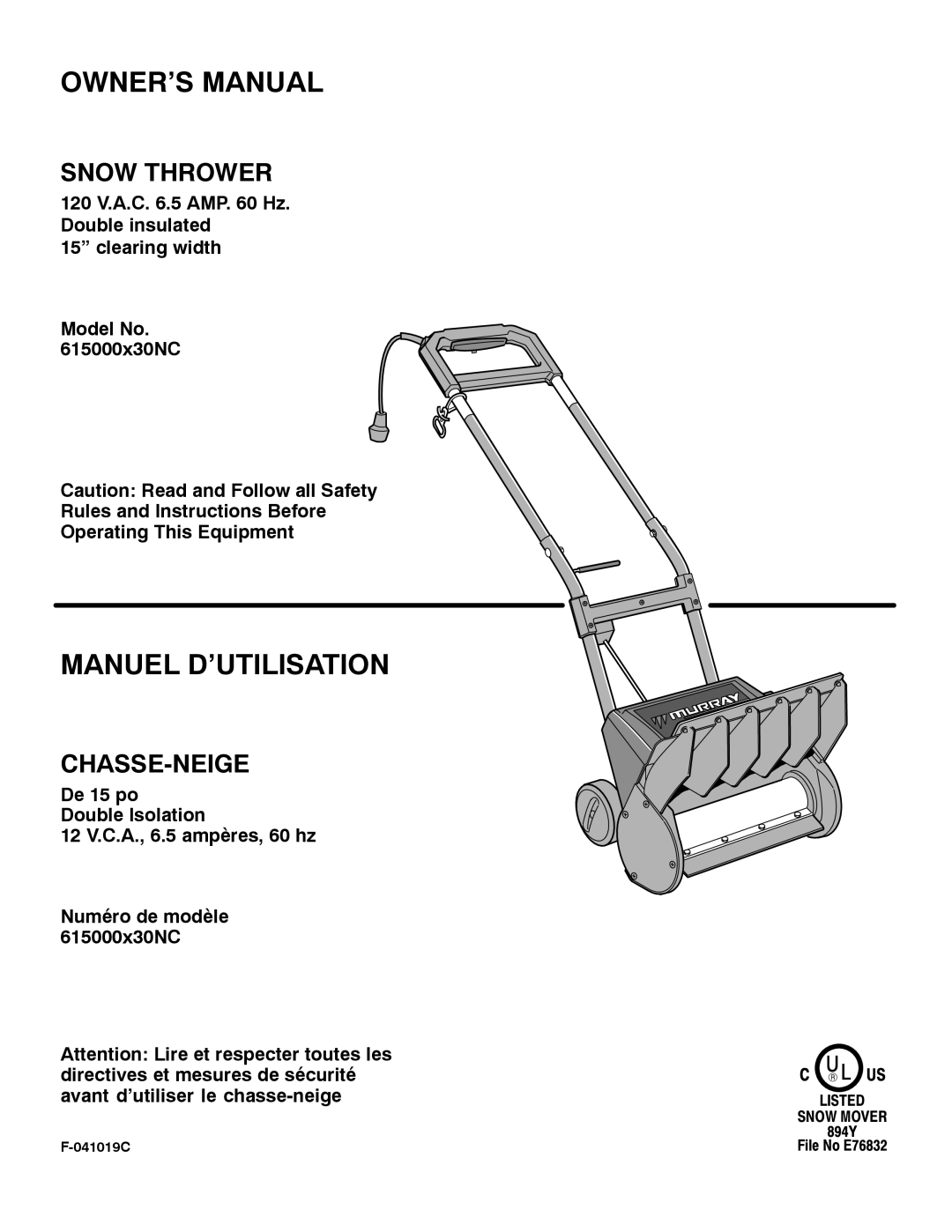 Murray 615000x30NC owner manual Manuel D’UTILISATION, Chasse-Neige 