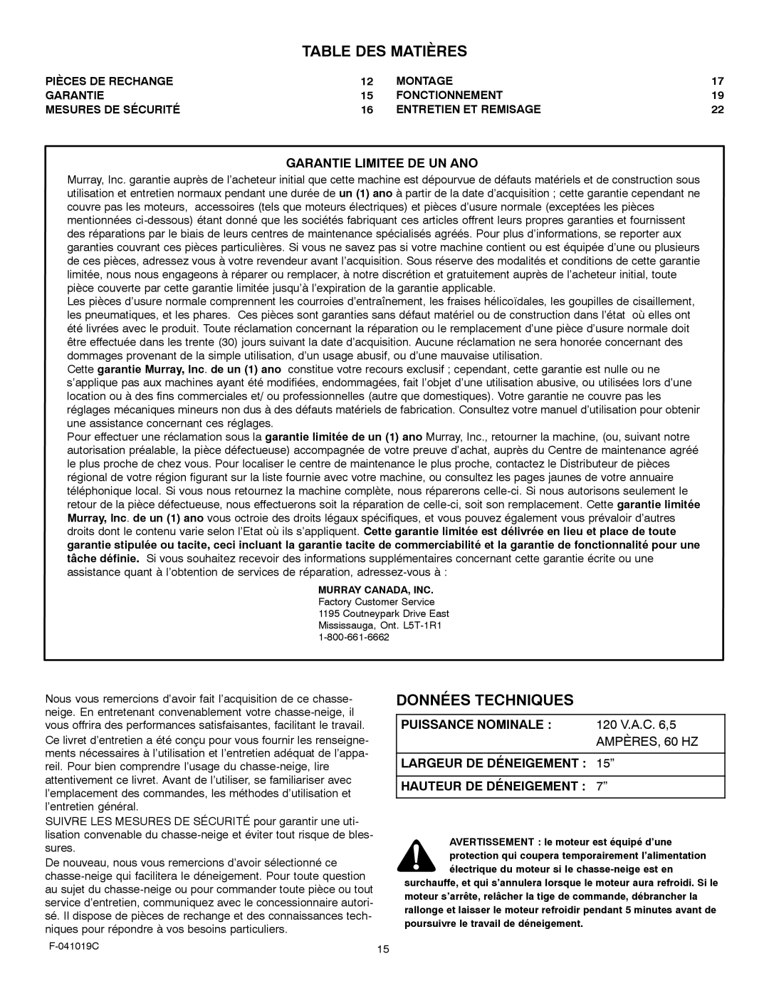 Murray 615000x30NC owner manual Table DES Matières, Données Techniques 