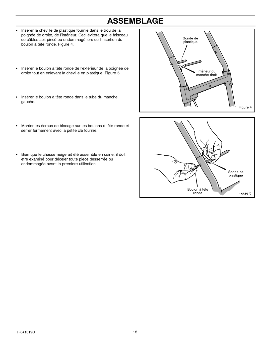 Murray 615000x30NC owner manual Sonde de plastique Intérieur du manche droit Boulon à tête 