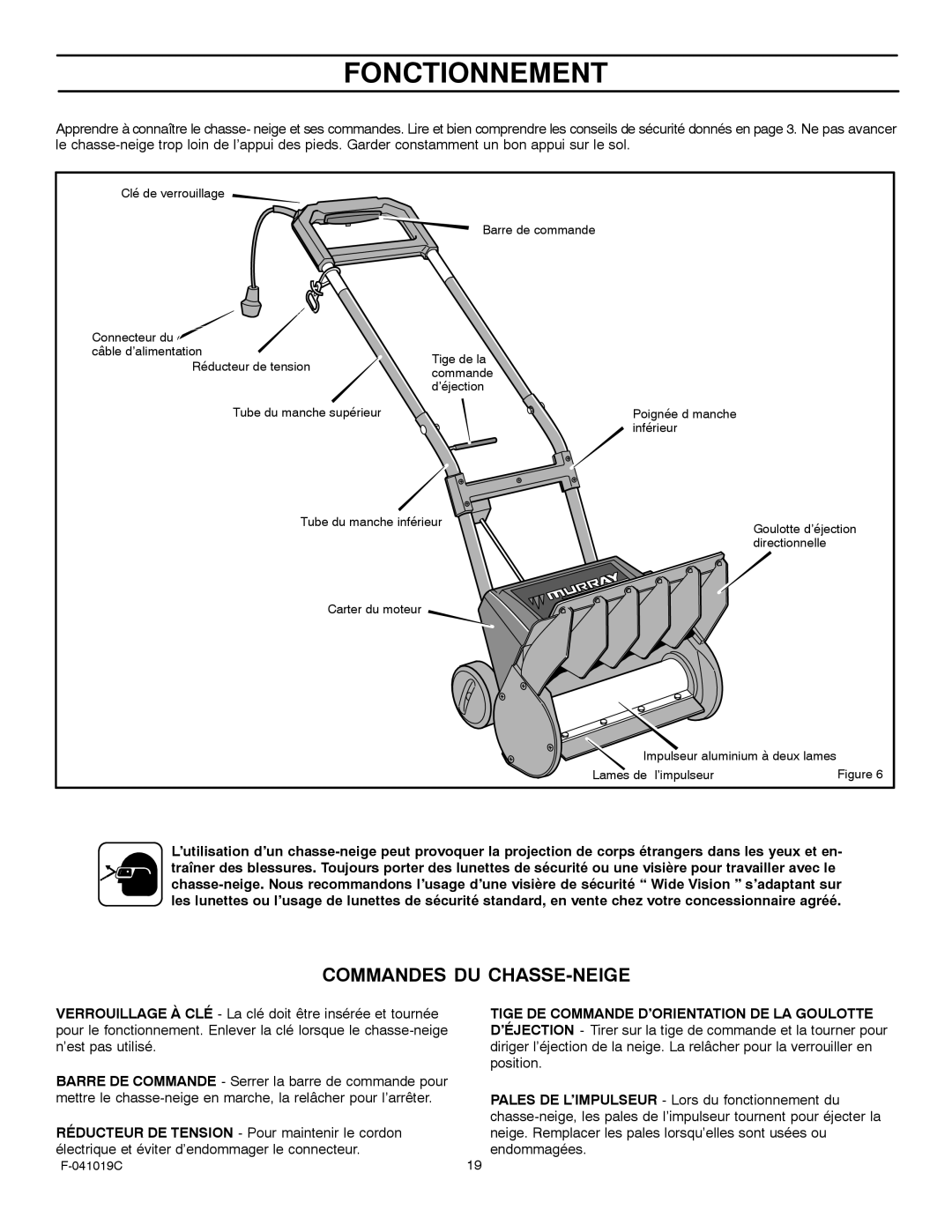 Murray 615000x30NC owner manual Fonctionnement, Commandes DU CHASSE-NEIGE 