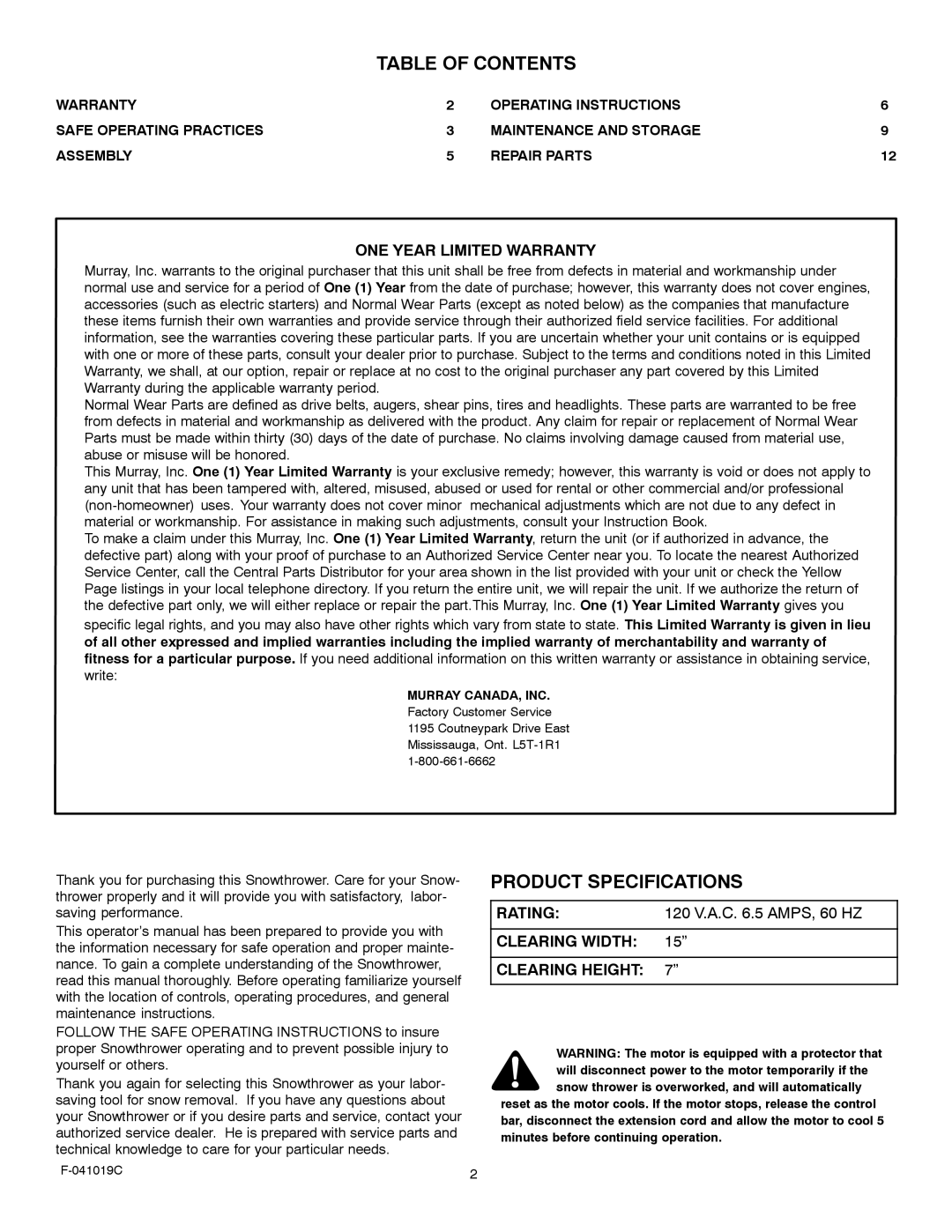 Murray 615000x30NC owner manual Table of Contents, Product Specifications 