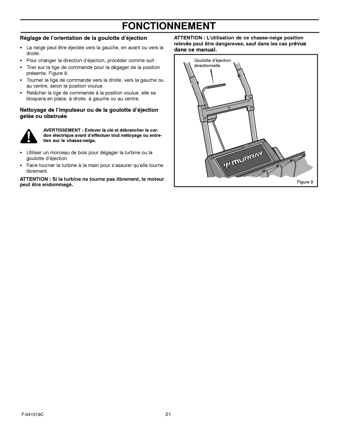 Murray 615000x30NC owner manual Réglage de l’orientation de la goulotte d’éjection 