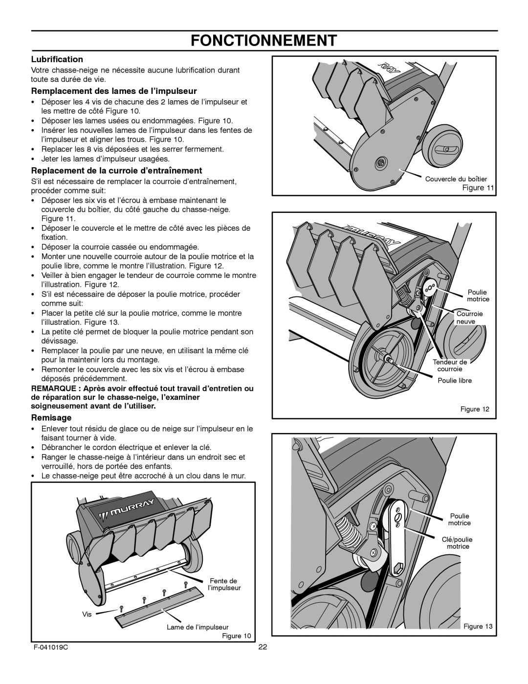 Murray 615000x30NC Lubrification, Remplacement des lames de l’impulseur, Replacement de la curroie d’entraînement 