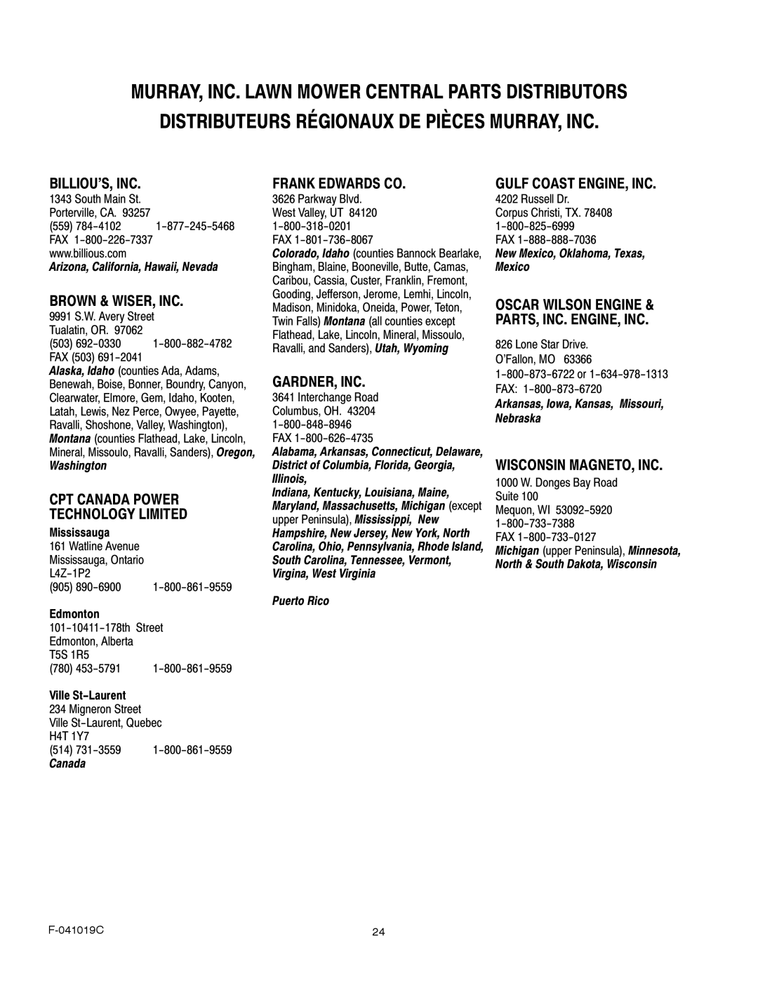 Murray 615000x30NC owner manual Billiou’S, Inc 