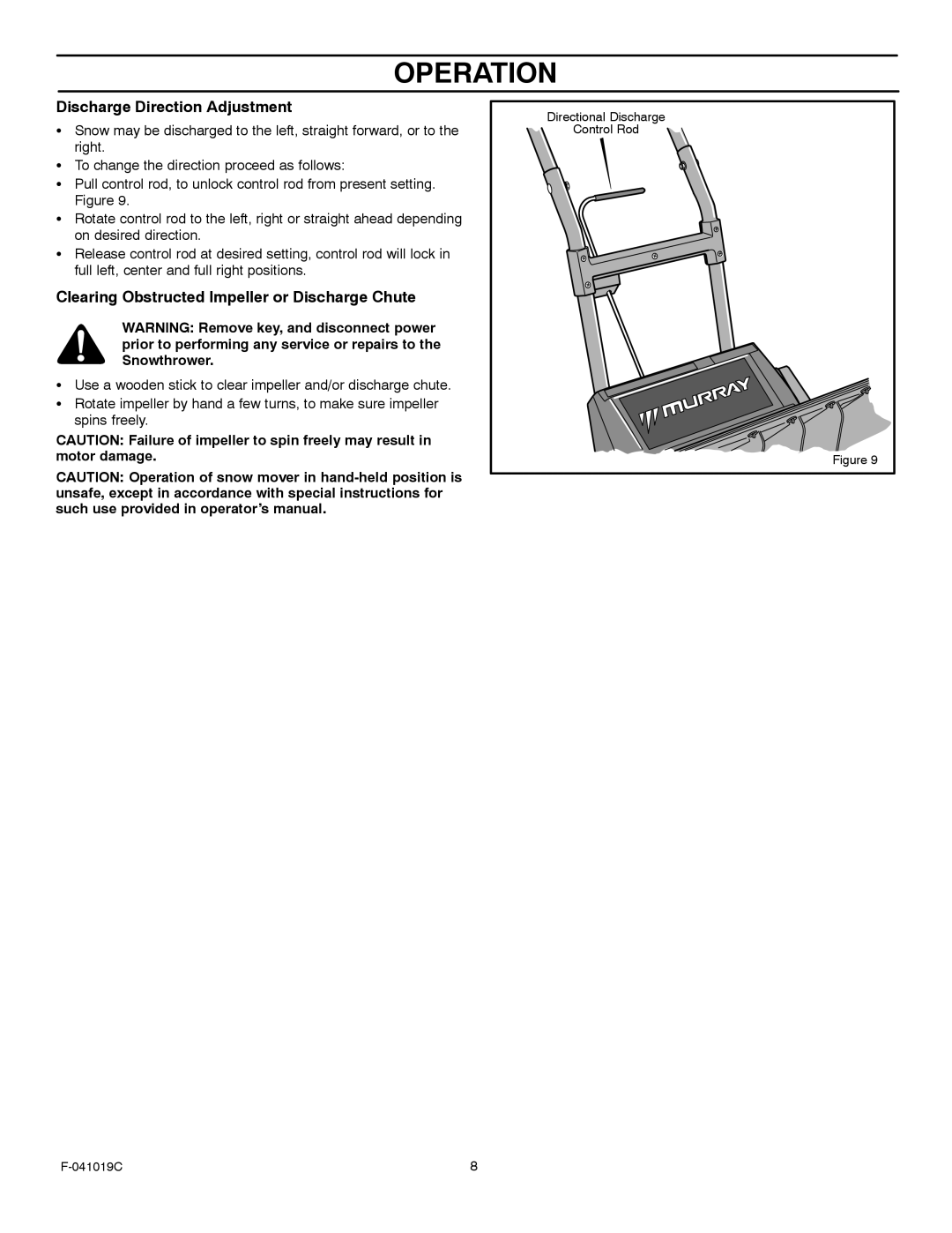 Murray 615000x30NC owner manual Discharge Direction Adjustment, Clearing Obstructed Impeller or Discharge Chute 