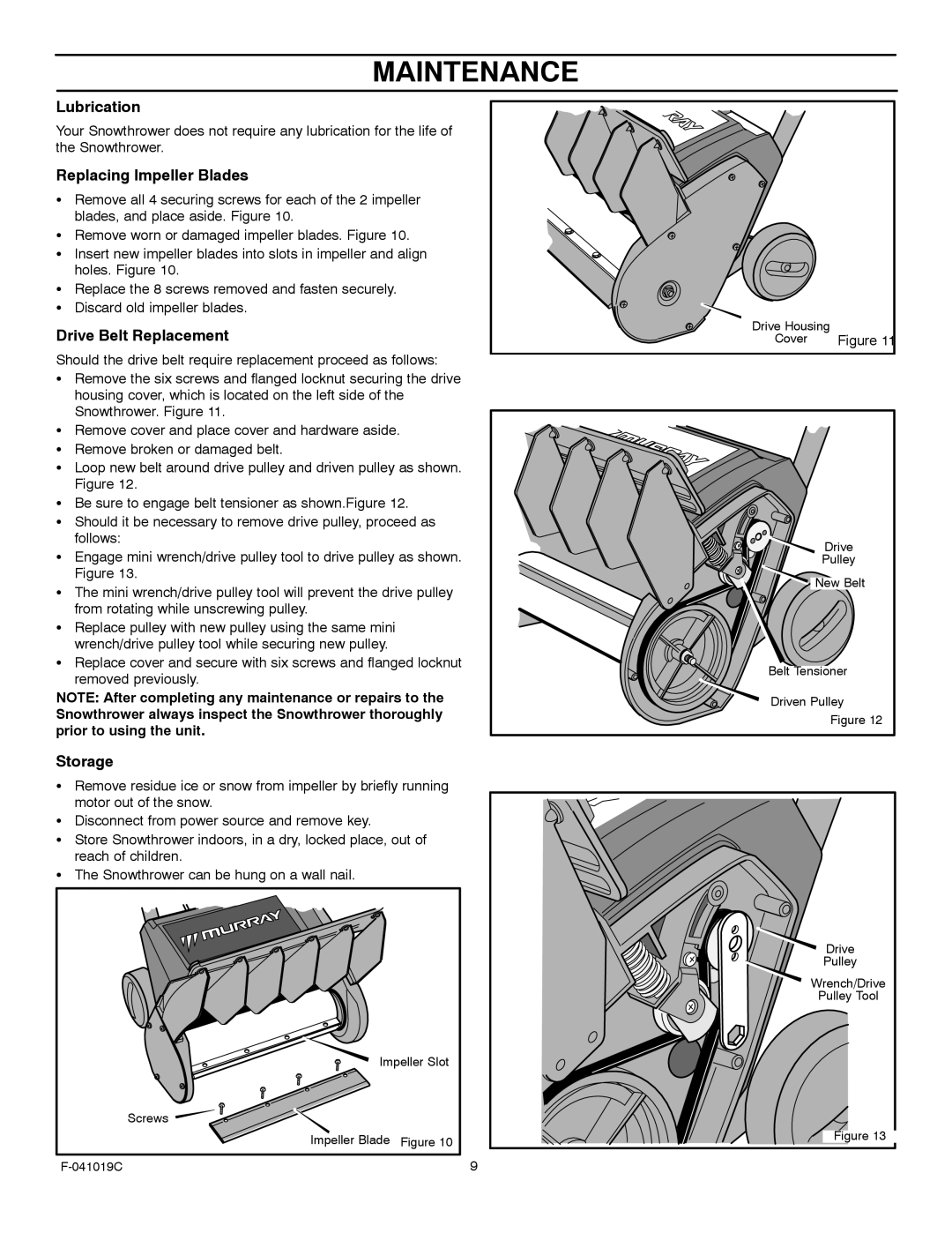 Murray 615000x30NC owner manual Maintenance, Lubrication, Replacing Impeller Blades, Drive Belt Replacement, Storage 