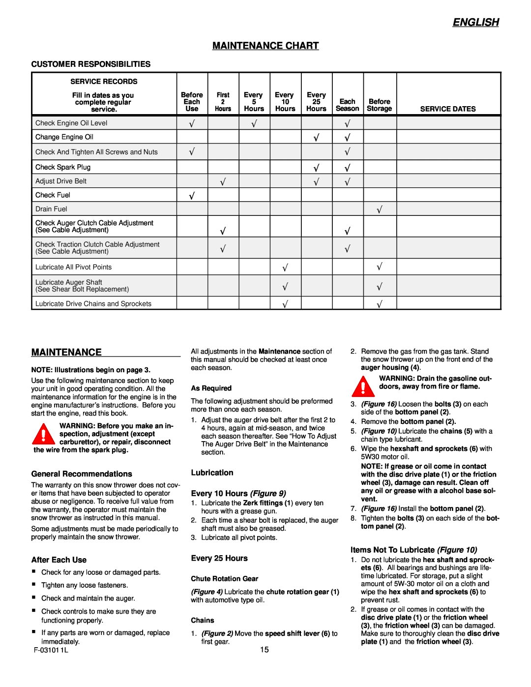 Murray 624504x4C manual English, Maintenance Chart, Customer Responsibilities, General Recommendations, After Each Use 