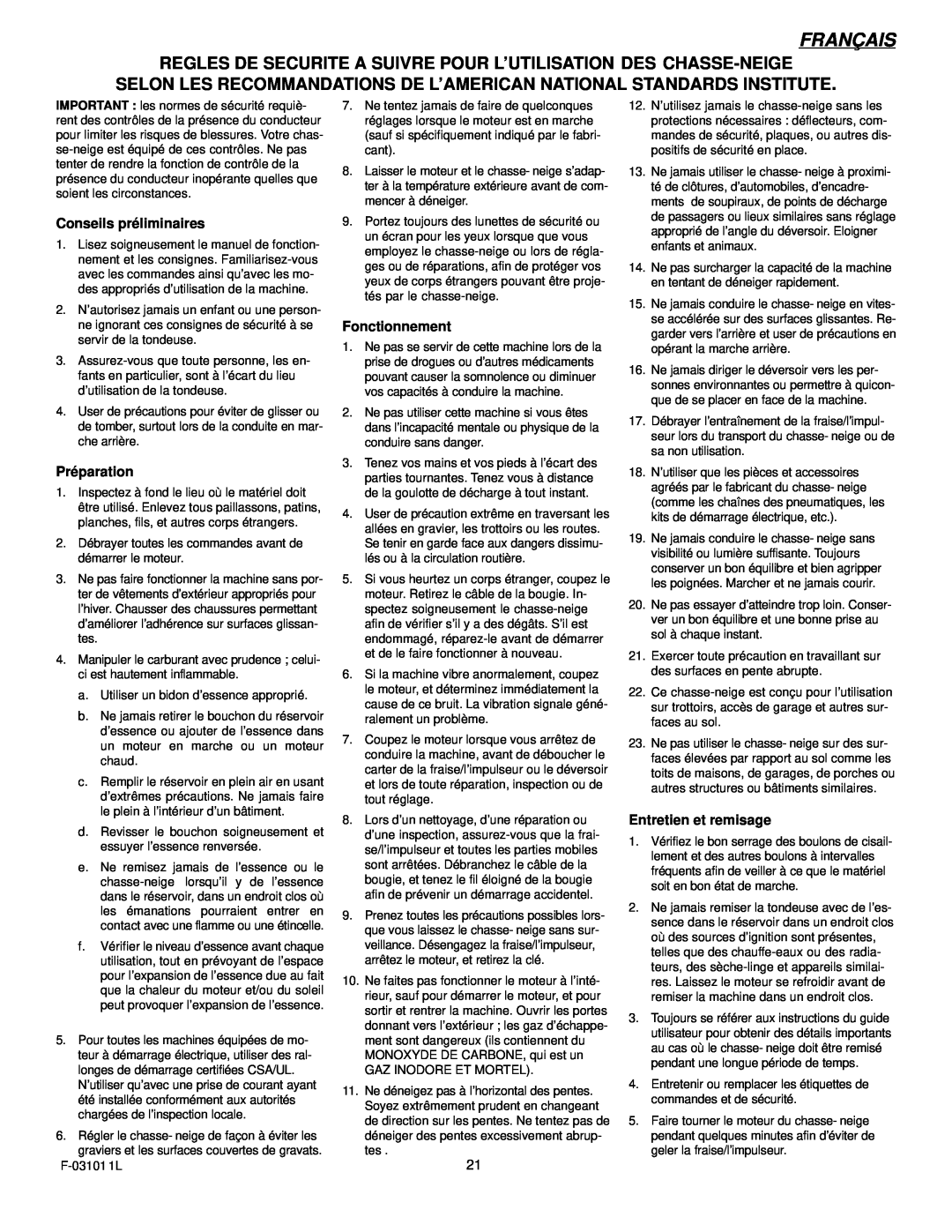 Murray 624504x4C manual Français, Conseils préliminaires, Préparation, Fonctionnement, Entretien et remisage 