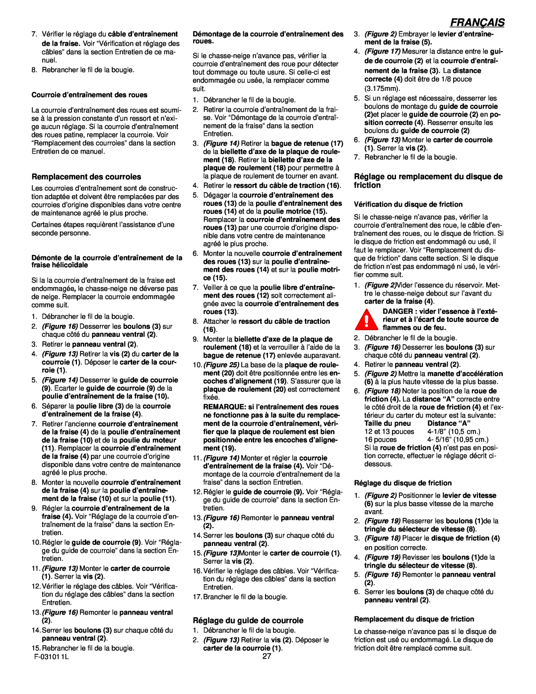 Murray 624504x4C manual Français, Remplacement des courroies, Réglage du guide de courroie 