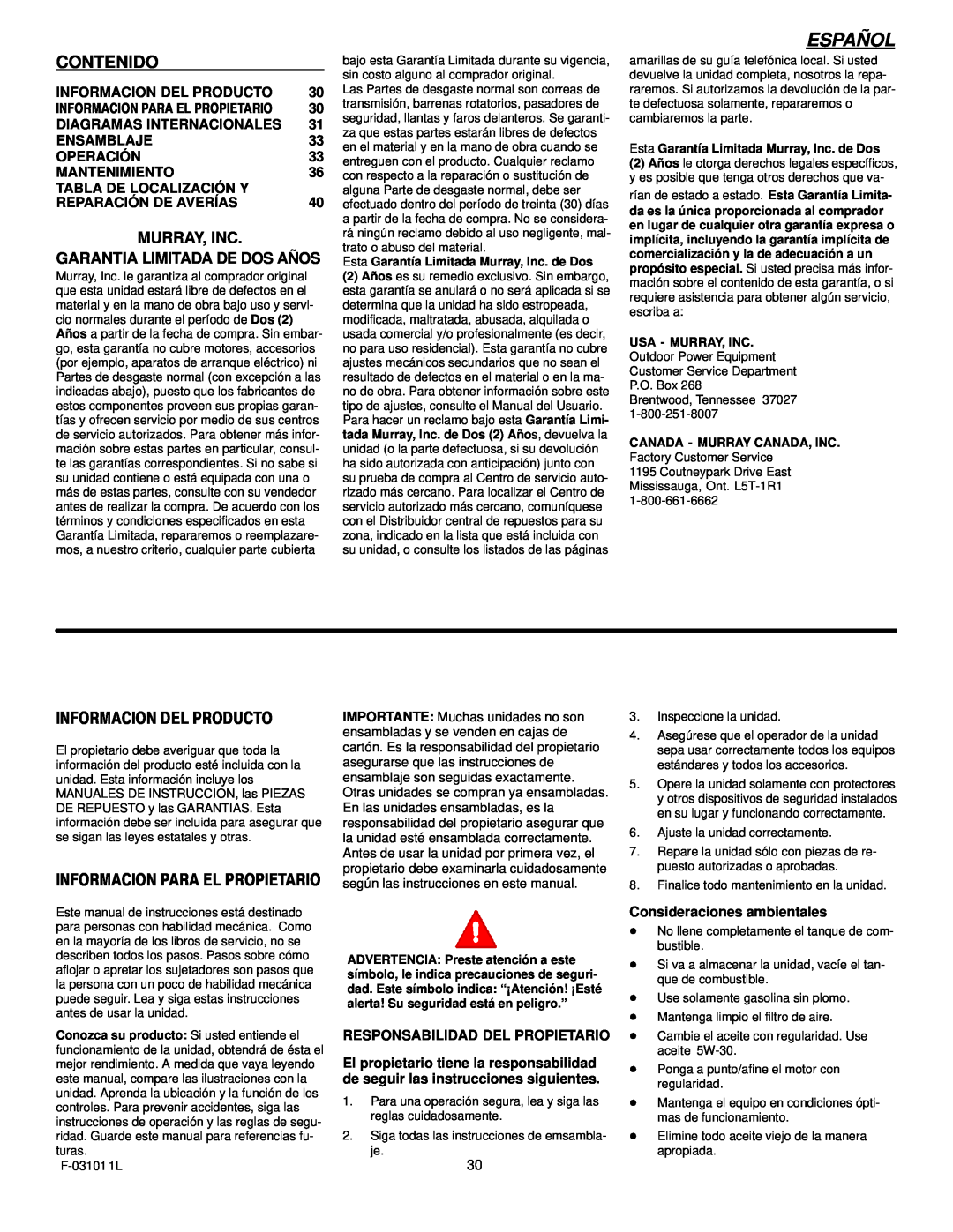 Murray 624504x4C manual Español, Responsabilidad Del Propietario, Consideraciones ambientales 