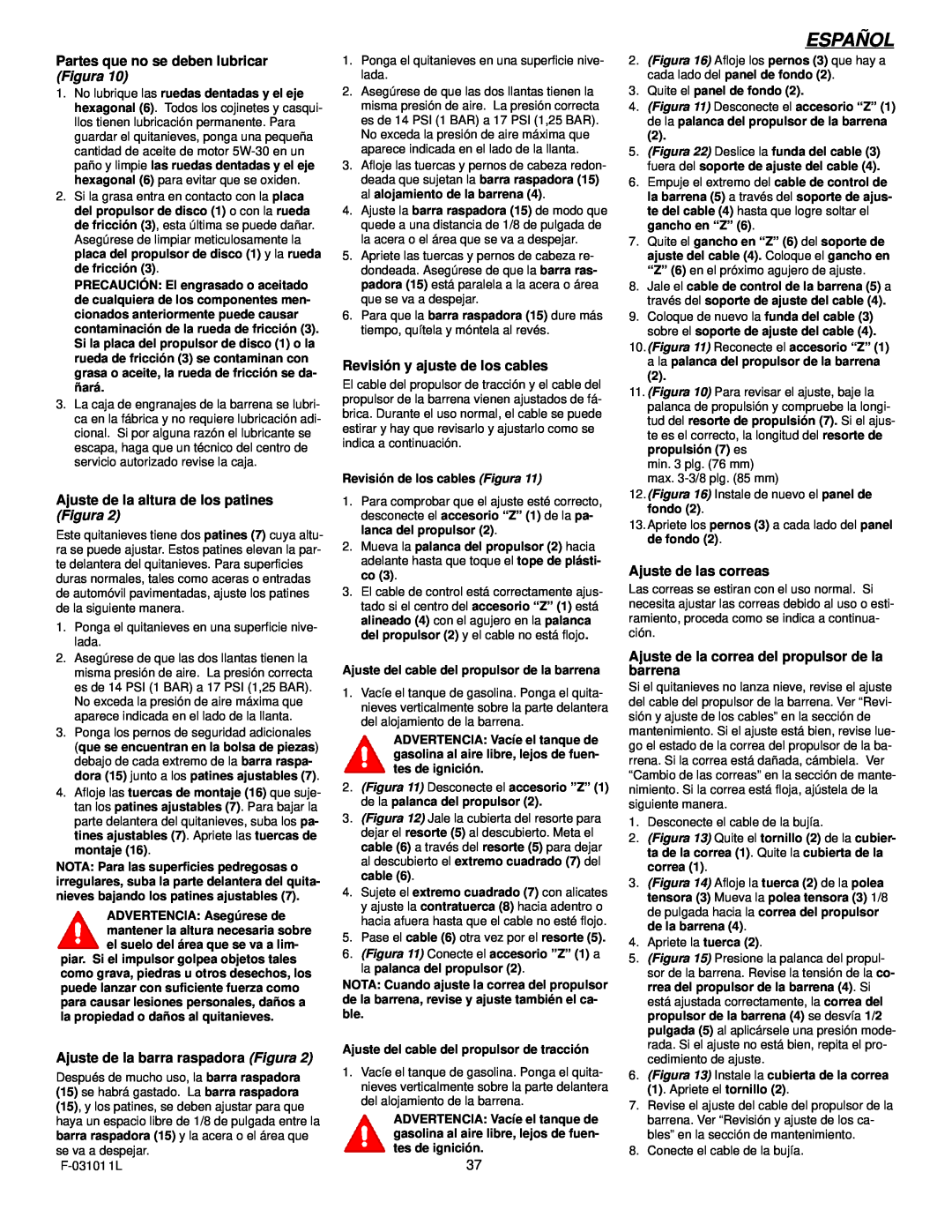 Murray 624504x4C manual Español, Partes que no se deben lubricar Figura, Ajuste de la altura de los patines Figura 