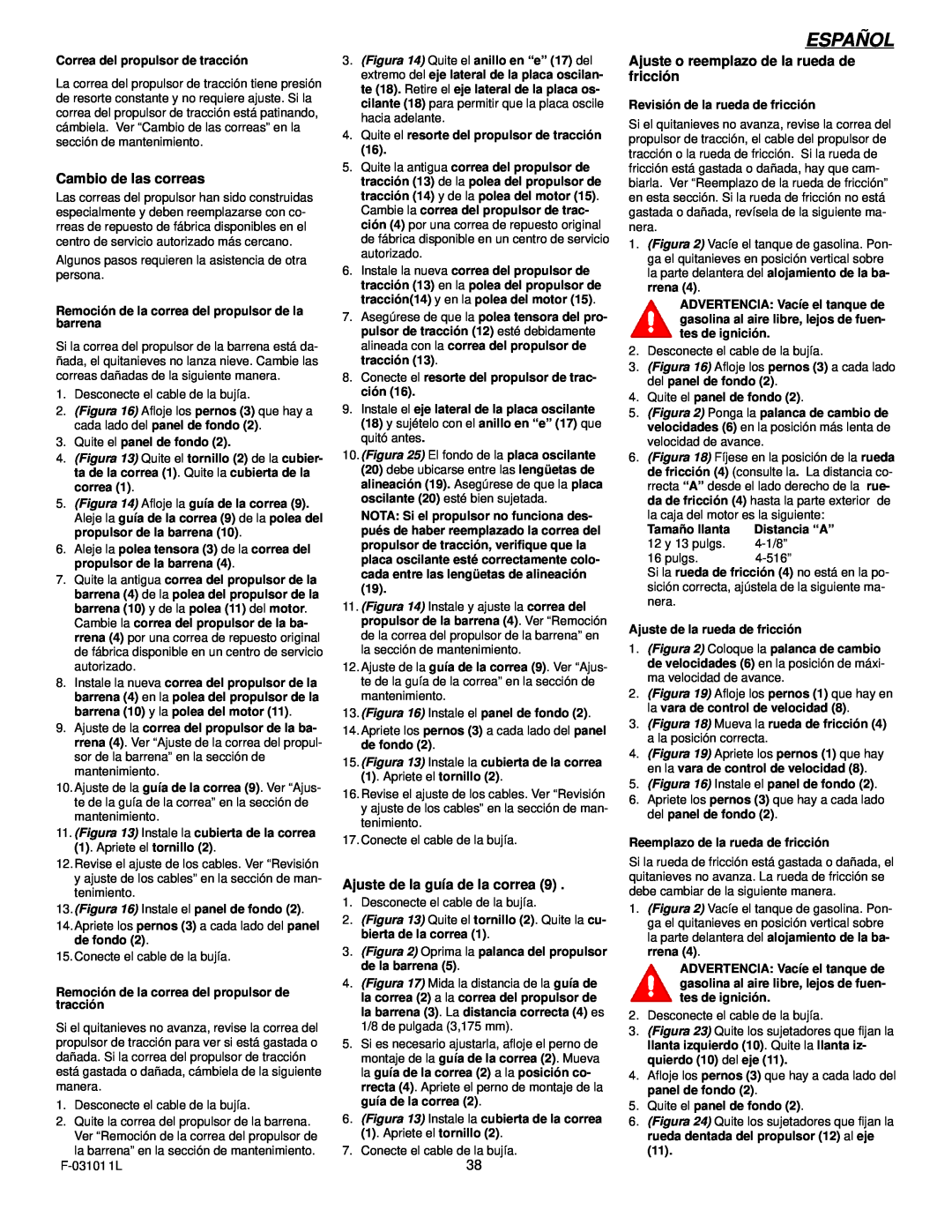 Murray 624504x4C manual Español, Cambio de las correas, Ajuste de la guía de la correa 