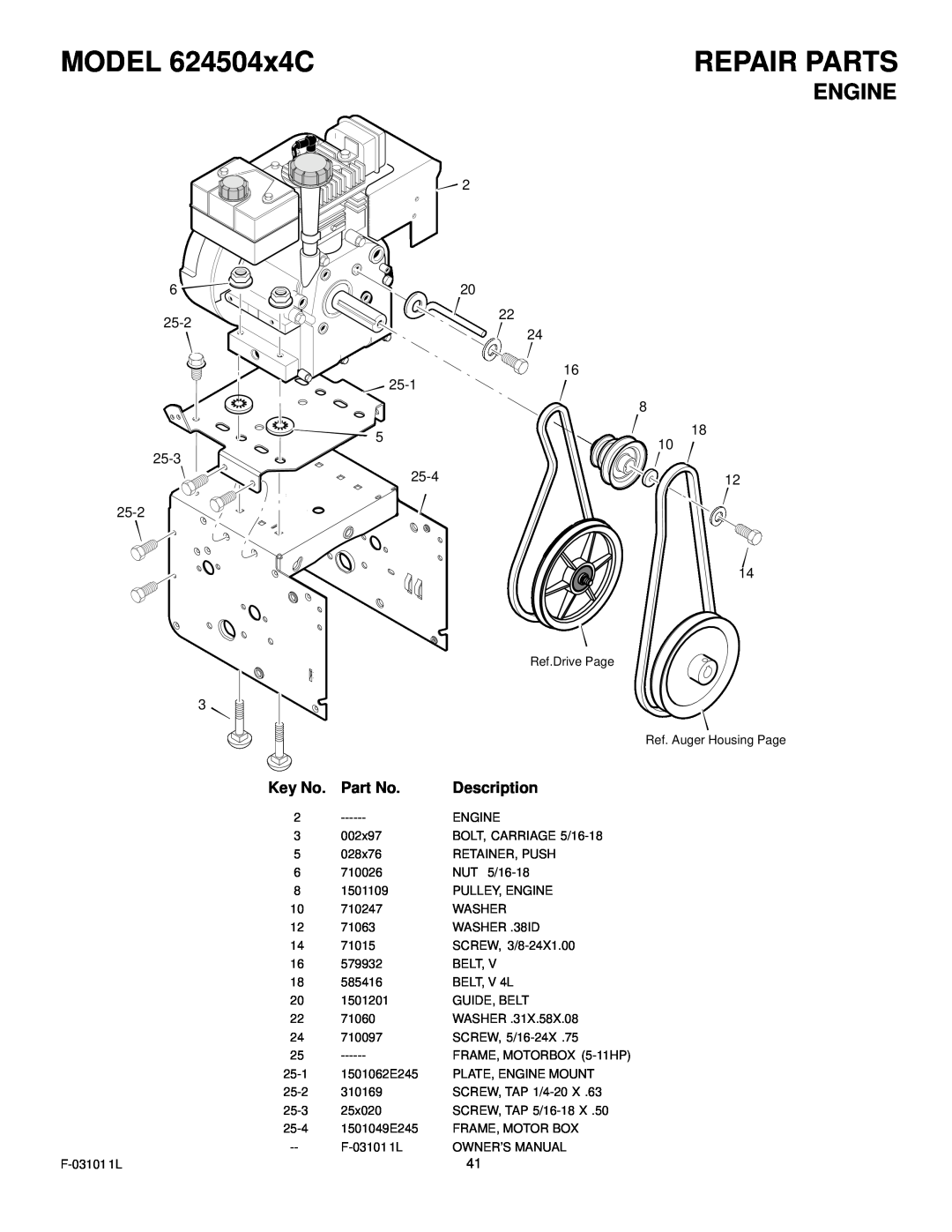 Murray manual MODEL 624504x4C, Repair Parts, Description 