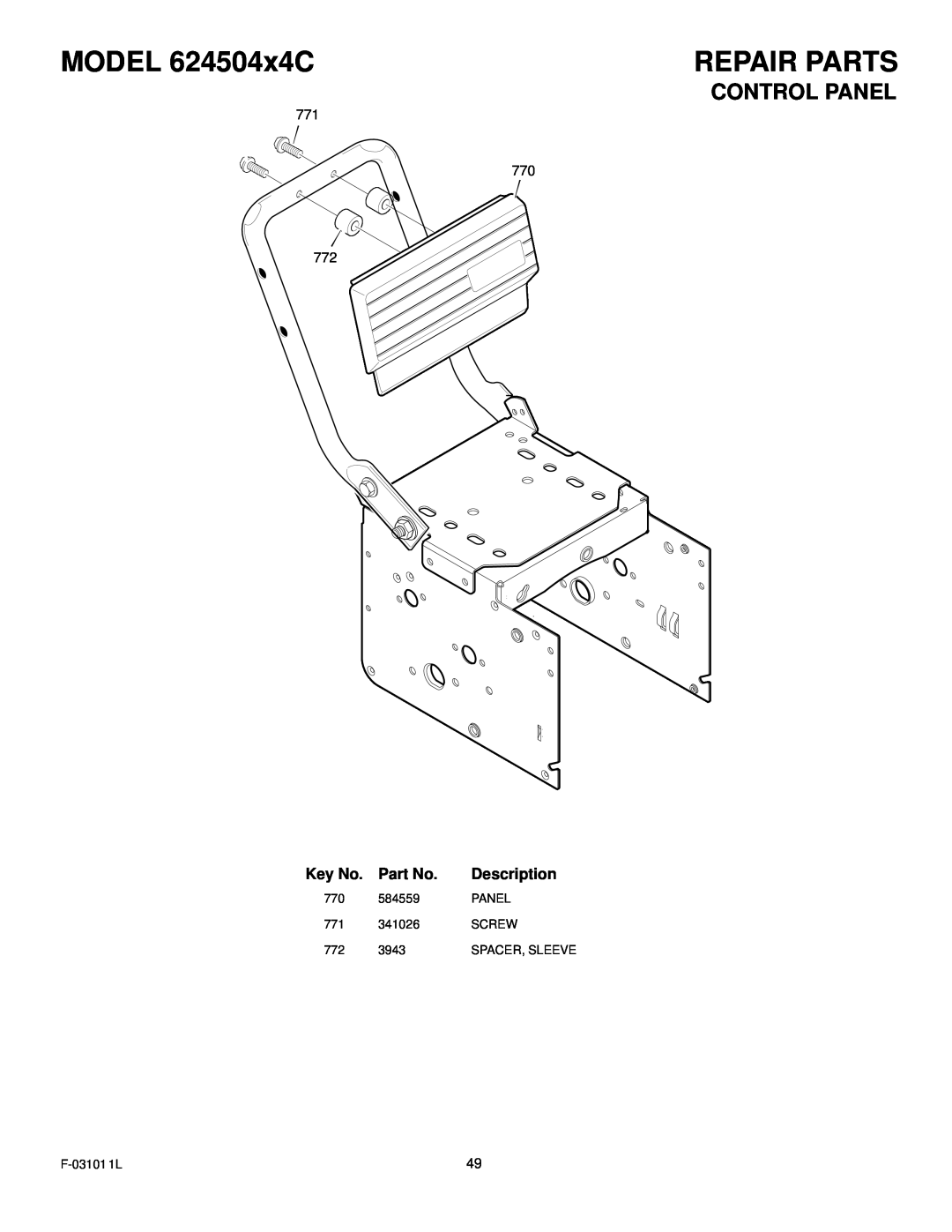 Murray manual Control Panel, MODEL 624504x4C, Repair Parts, Description 
