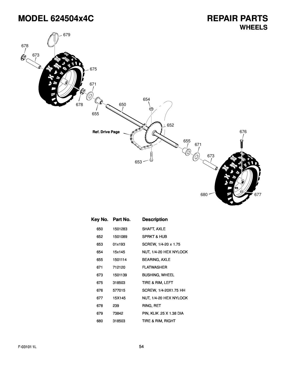 Murray manual Wheels, MODEL 624504x4C, Repair Parts, Description, Ref. Drive Page 