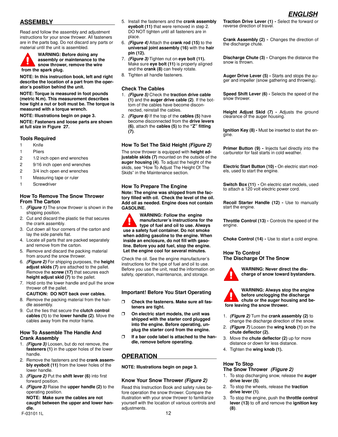 Murray 624504x4C manual Assembly, Operation 