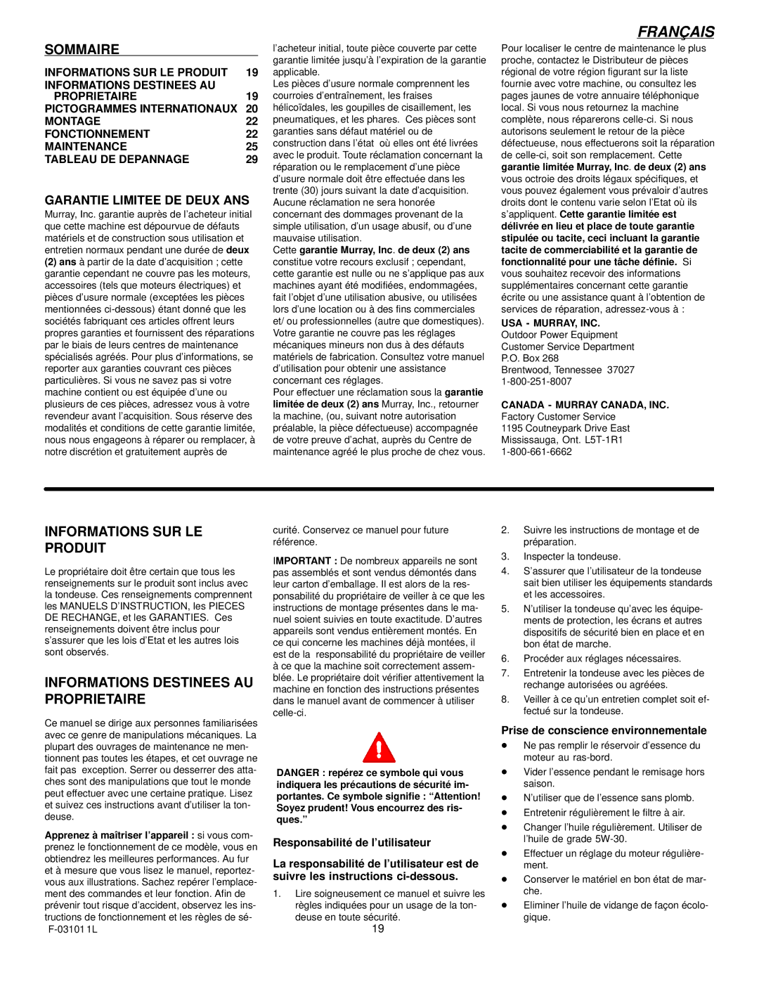 Murray 624504x4C manual Sommaire, Prise de conscience environnementale, Usa Murray, Inc 