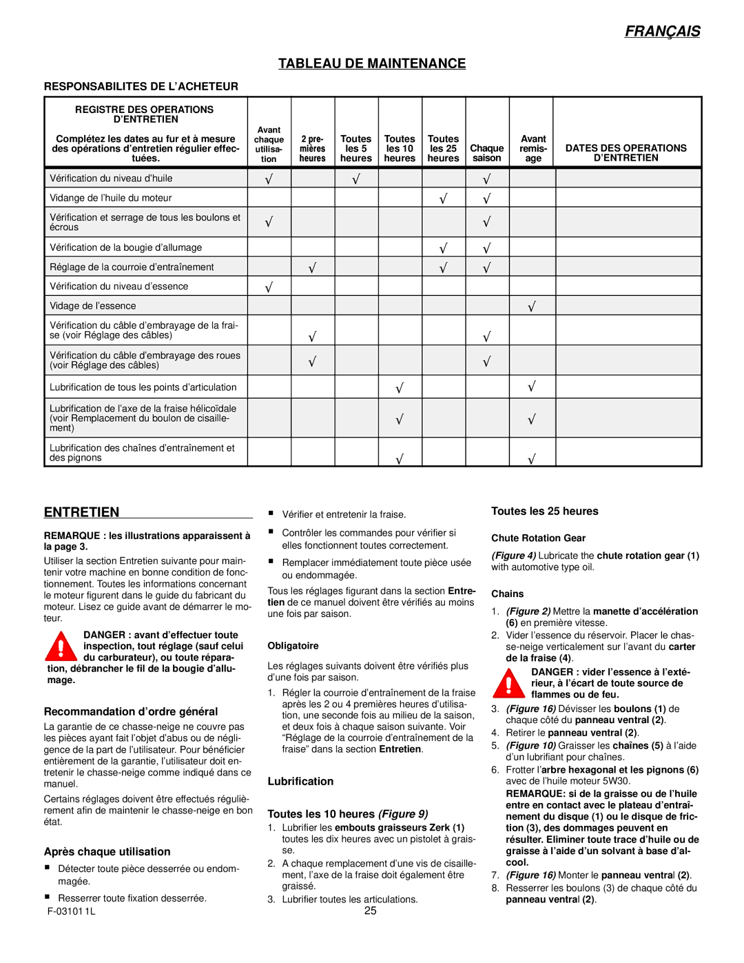 Murray 624504x4C manual Tableau DE Maintenance, Entretien 