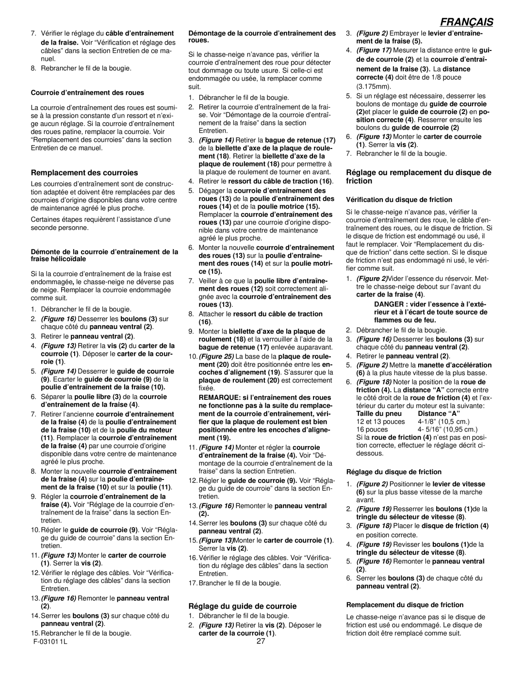 Murray 624504x4C Remplacement des courroies, Réglage du guide de courroie, Réglage ou remplacement du disque de friction 