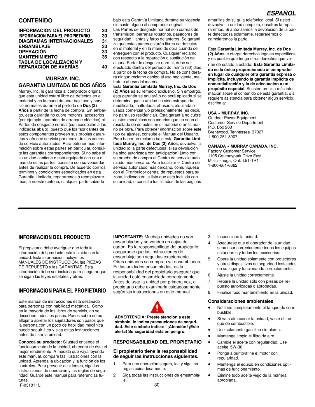 Murray 624504x4C manual Consideraciones ambientales, Esta Garantía Limitada Murray, Inc. de Dos 