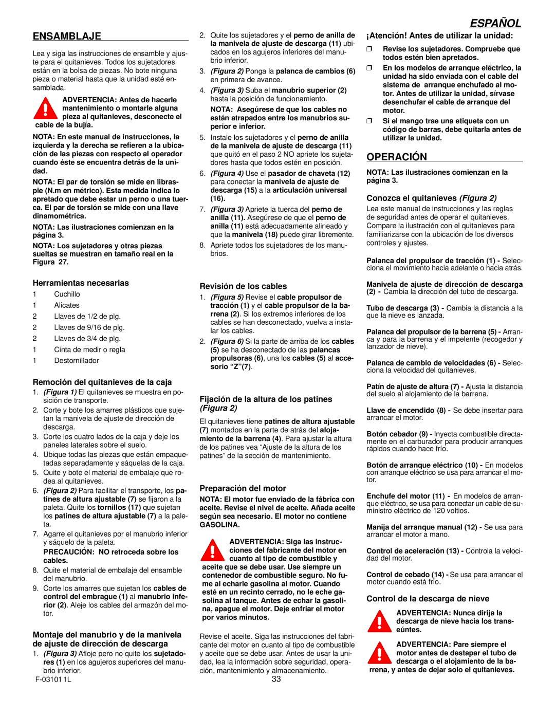 Murray 624504x4C manual Ensamblaje, Operación 